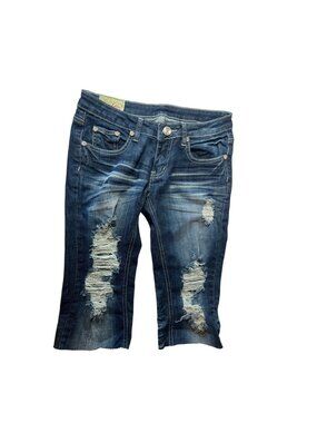 Machine Distressed Denim Capri Jeans Dark Wash Rhinestone Accents Y2K‎ Size 31W